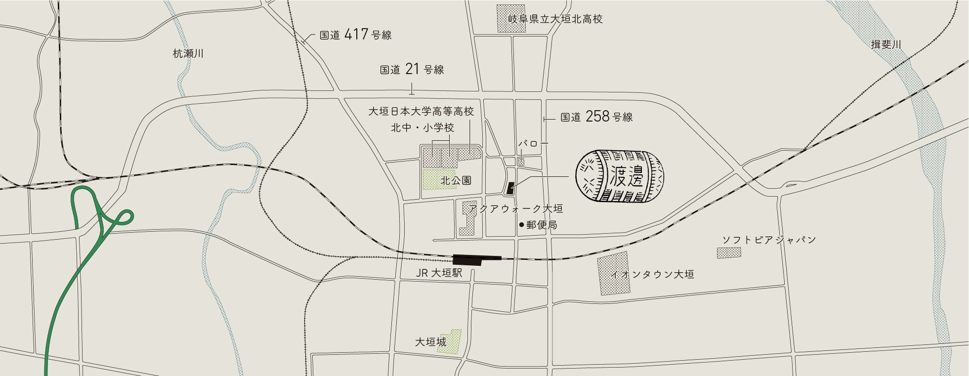 「JR大垣駅」で下車します。北口を出たら右に曲がり、212号線を北に300mほど進みます。「長勝寺」をすぎた先の左手に「渡辺酒造釀」があります。